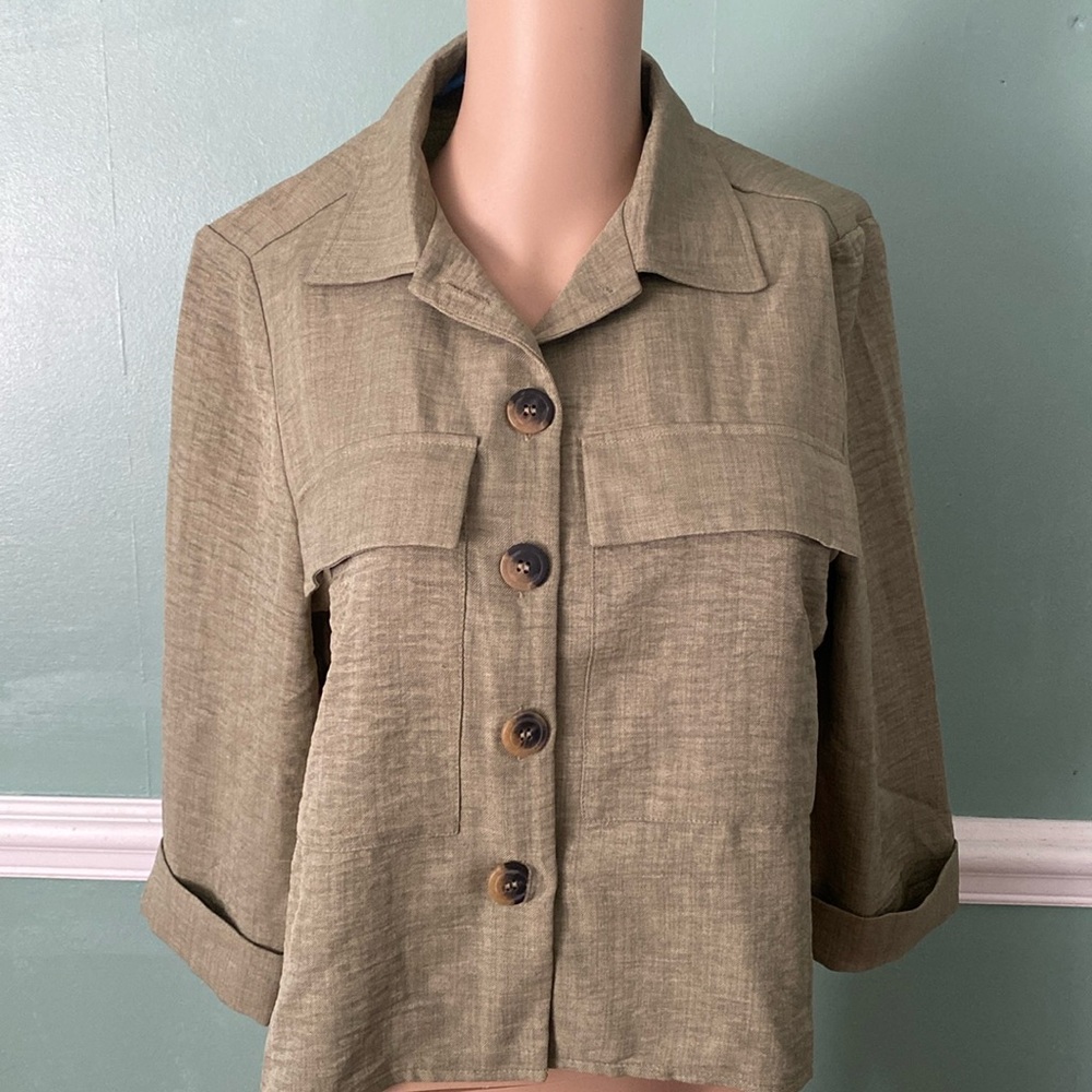 Olivia Martin Green ocre oversized blouse front pockets Sz. Large